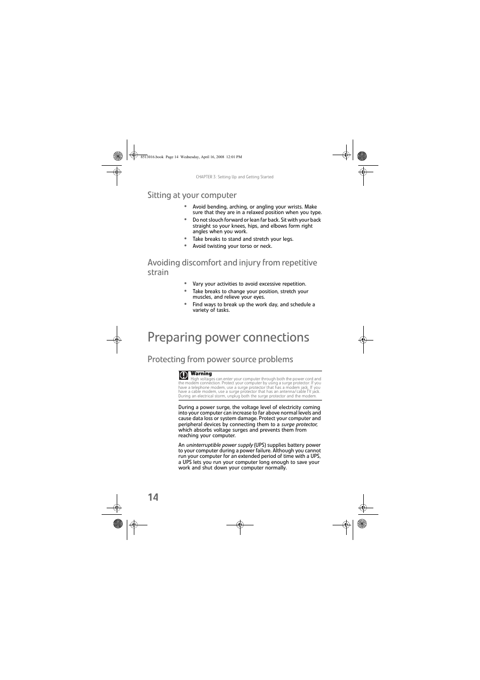 Sitting at your computer, Preparing power connections, Protecting from power source problems | Gateway GM5684E User Manual | Page 20 / 128