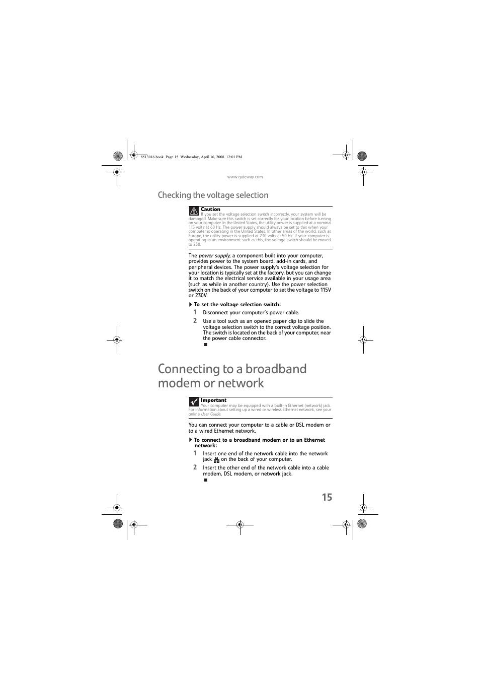 Checking the voltage selection, To set the voltage selection switch, Connecting to a broadband modem or network | Gateway GM5684E User Manual | Page 21 / 128