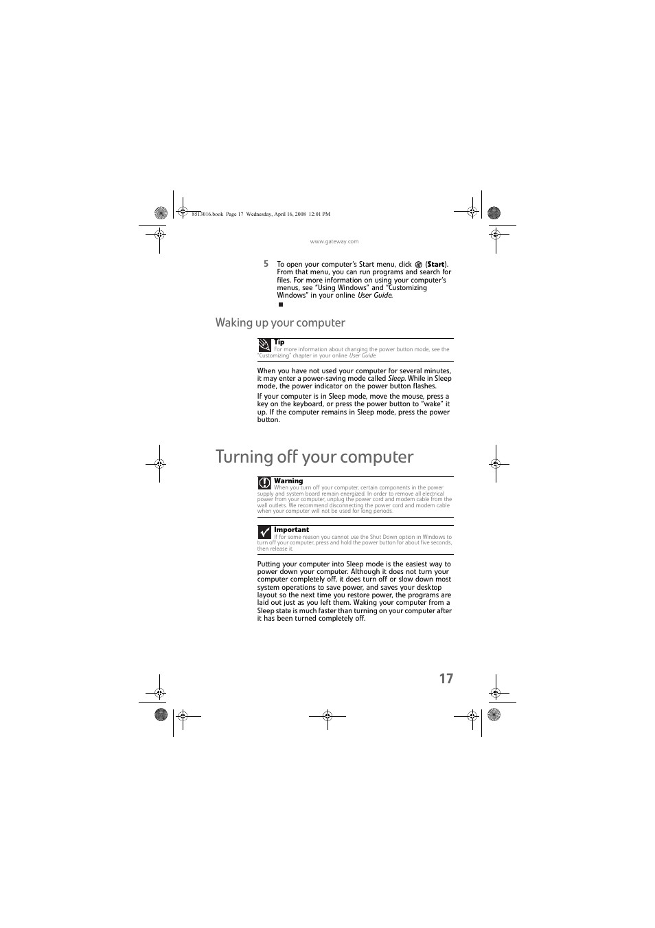 Waking up your computer, Turning off your computer | Gateway GM5684E User Manual | Page 23 / 128