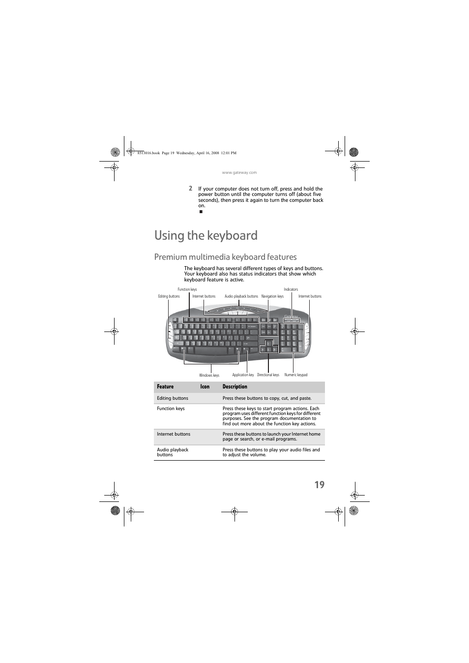 Using the keyboard, Premium multimedia keyboard features | Gateway GM5684E User Manual | Page 25 / 128