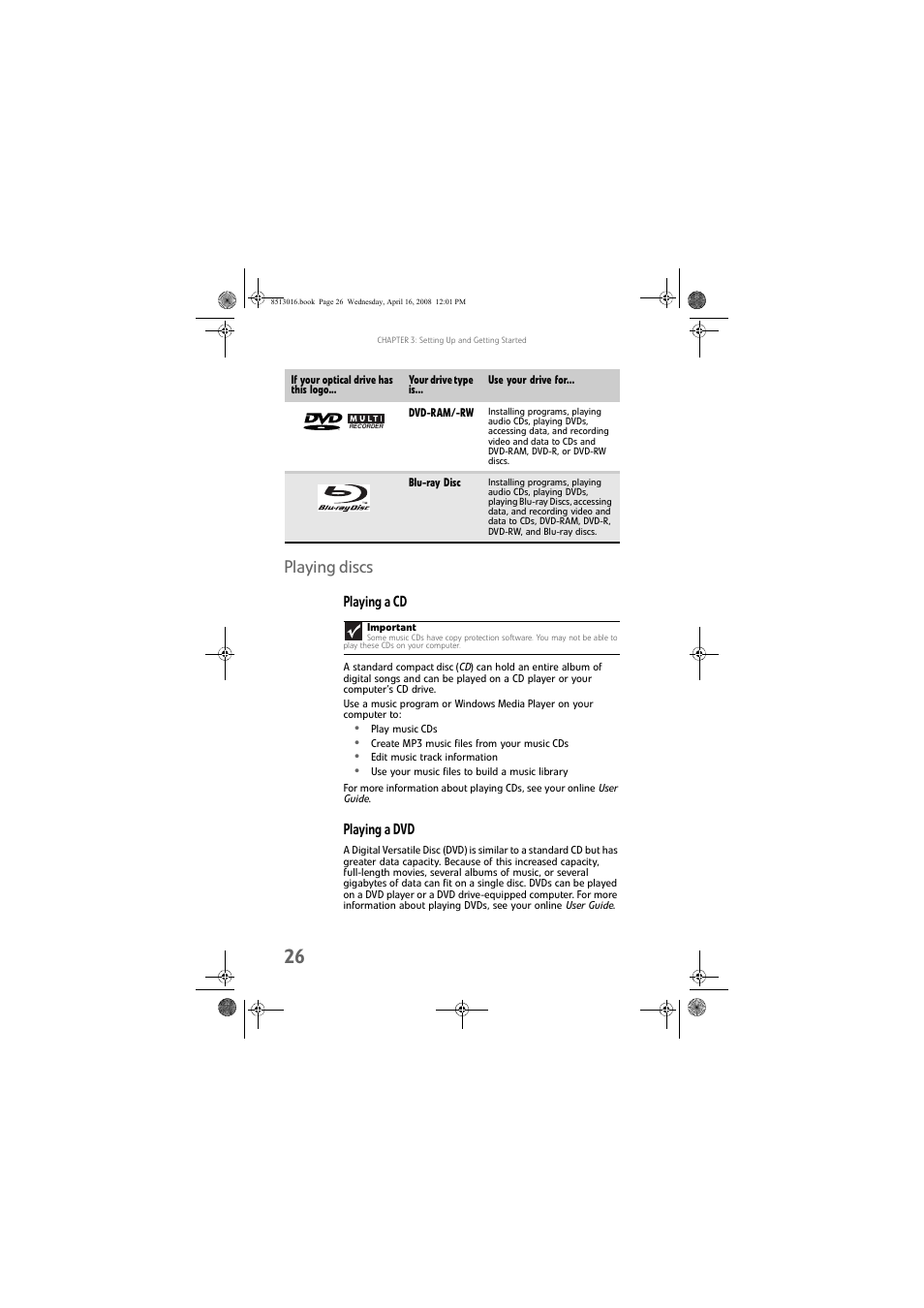 Playing discs, Playing a cd, Playing a dvd | Gateway GM5684E User Manual | Page 32 / 128