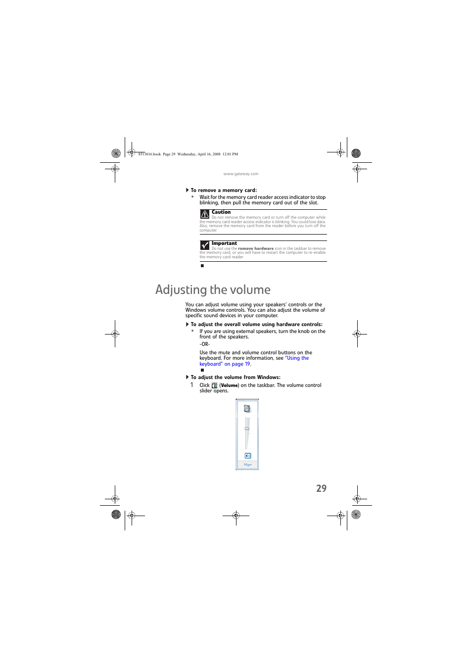 To remove a memory card, Adjusting the volume, To adjust the volume from windows | Gateway GM5684E User Manual | Page 35 / 128