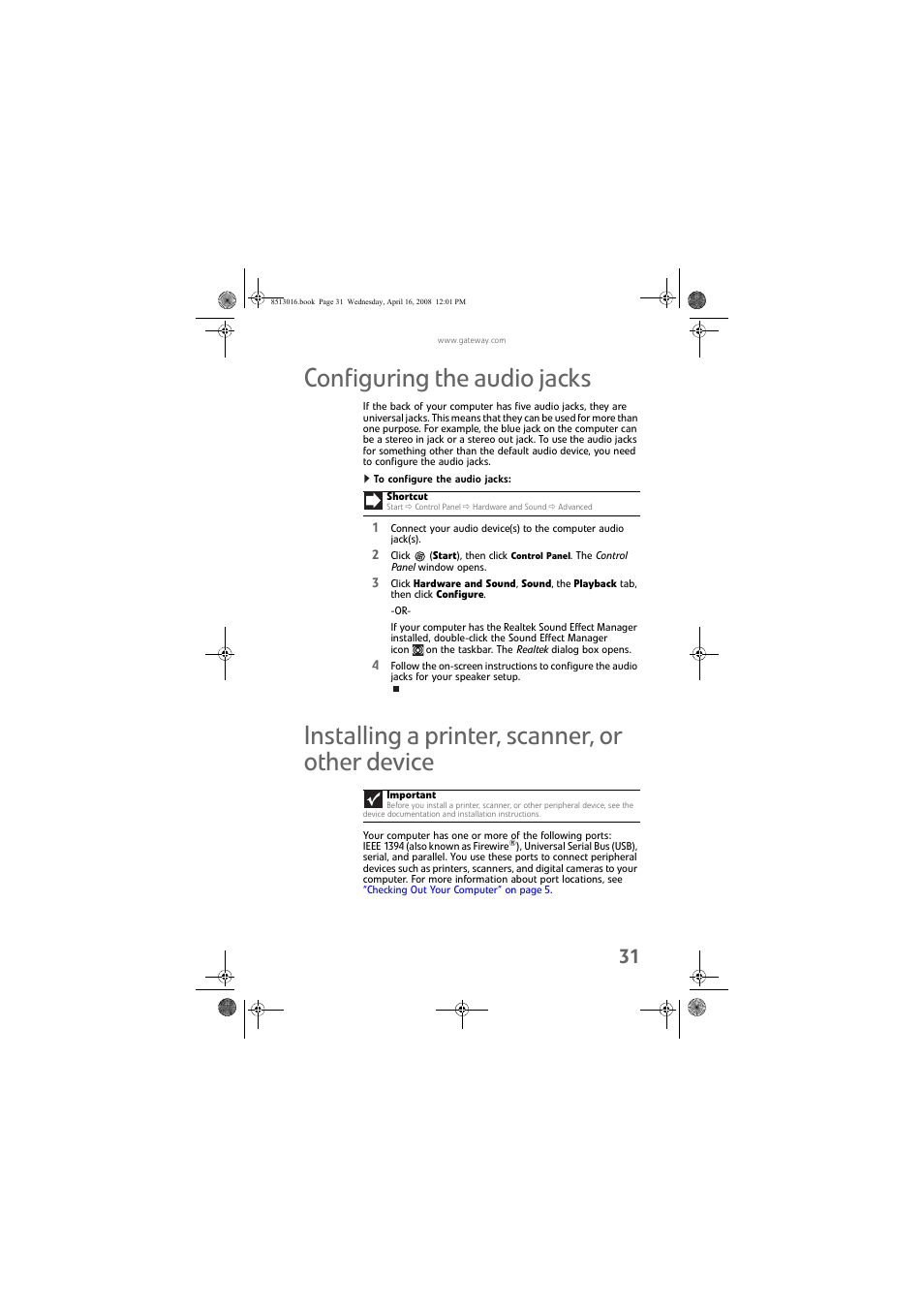 Configuring the audio jacks, To configure the audio jacks, Installing a printer, scanner, or other device | Installing a printer, Configuring the | Gateway GM5684E User Manual | Page 37 / 128