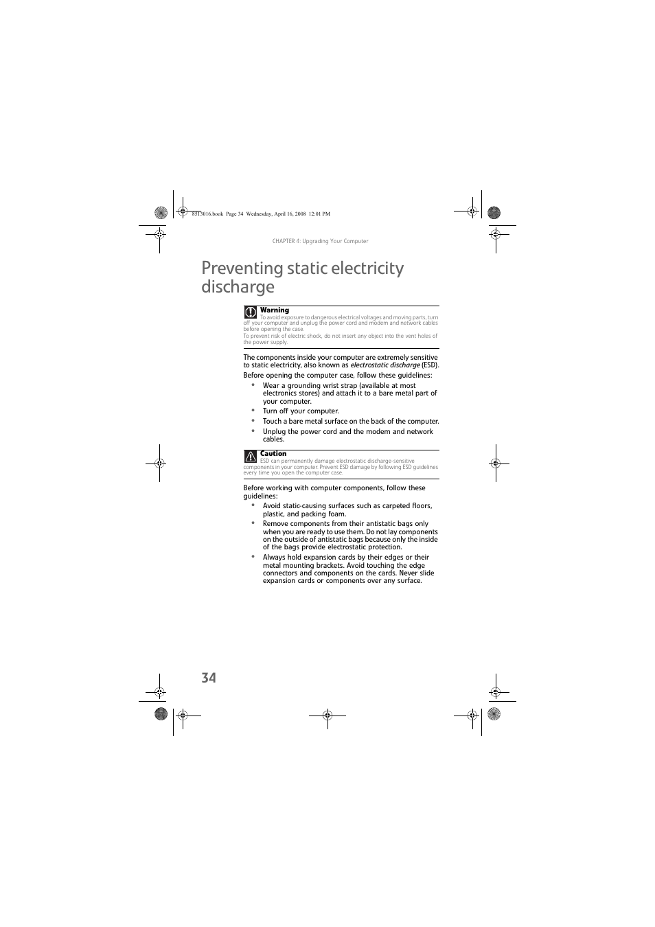 Preventing static electricity discharge | Gateway GM5684E User Manual | Page 40 / 128