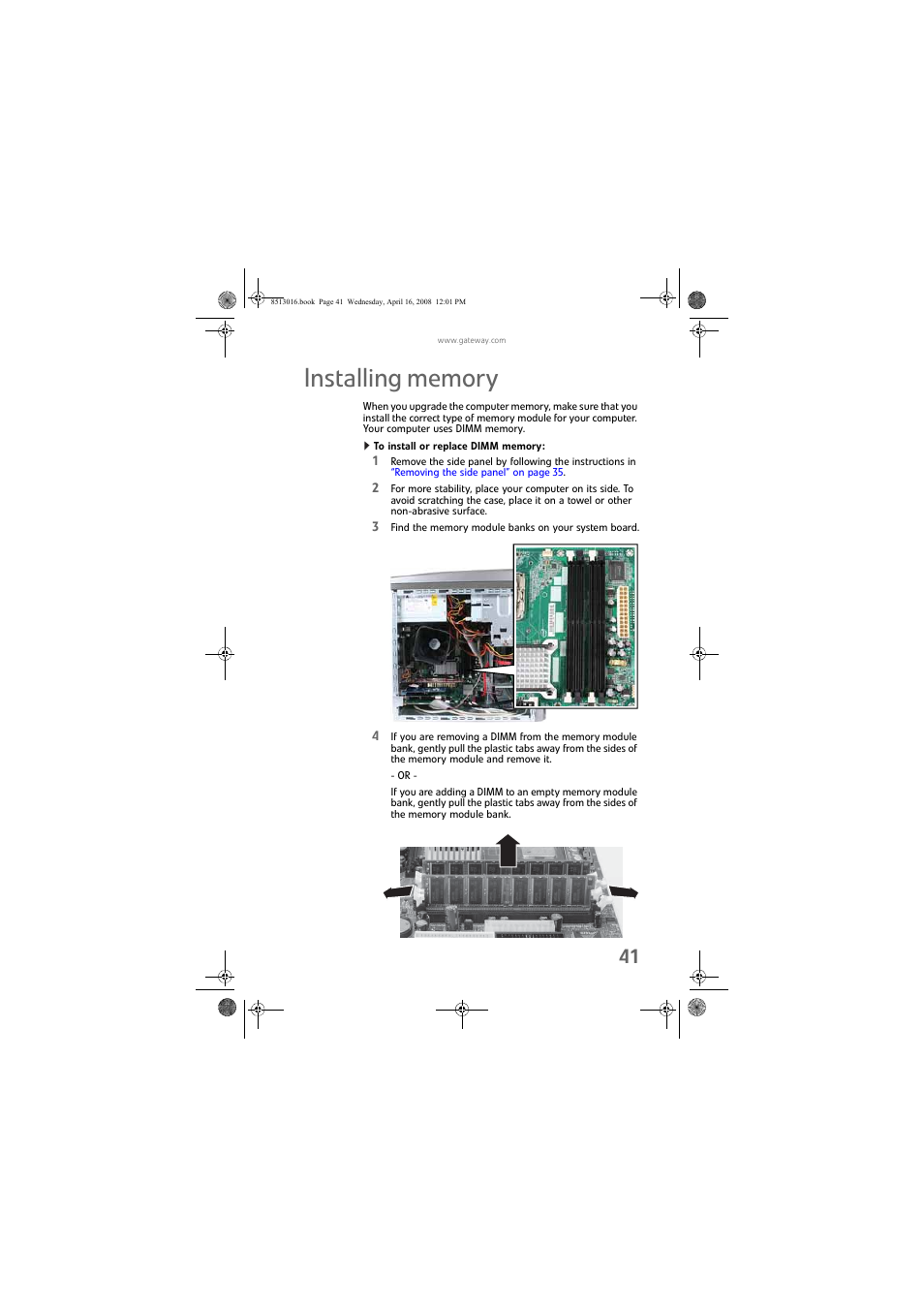 Installing memory, To install or replace dimm memory | Gateway GM5684E User Manual | Page 47 / 128