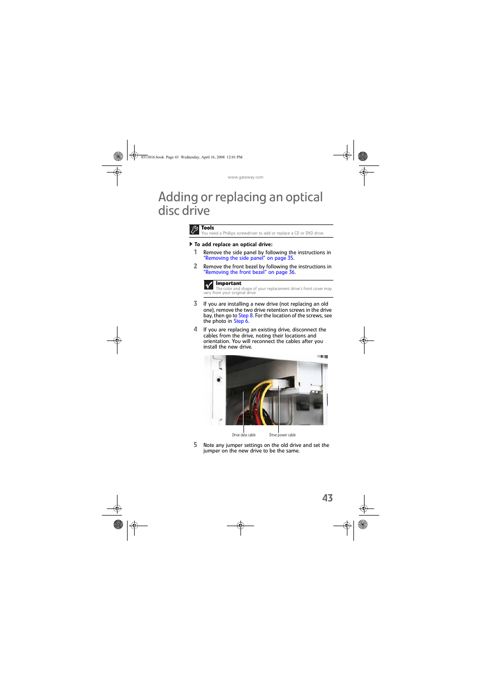 Adding or replacing an optical disc drive, To add replace an optical drive | Gateway GM5684E User Manual | Page 49 / 128