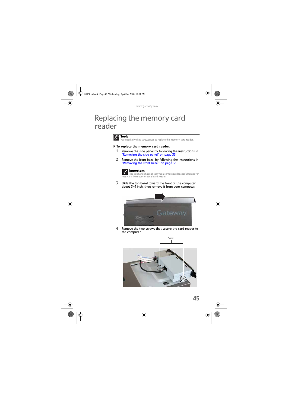 Replacing the memory card reader, To replace the memory card reader | Gateway GM5684E User Manual | Page 51 / 128