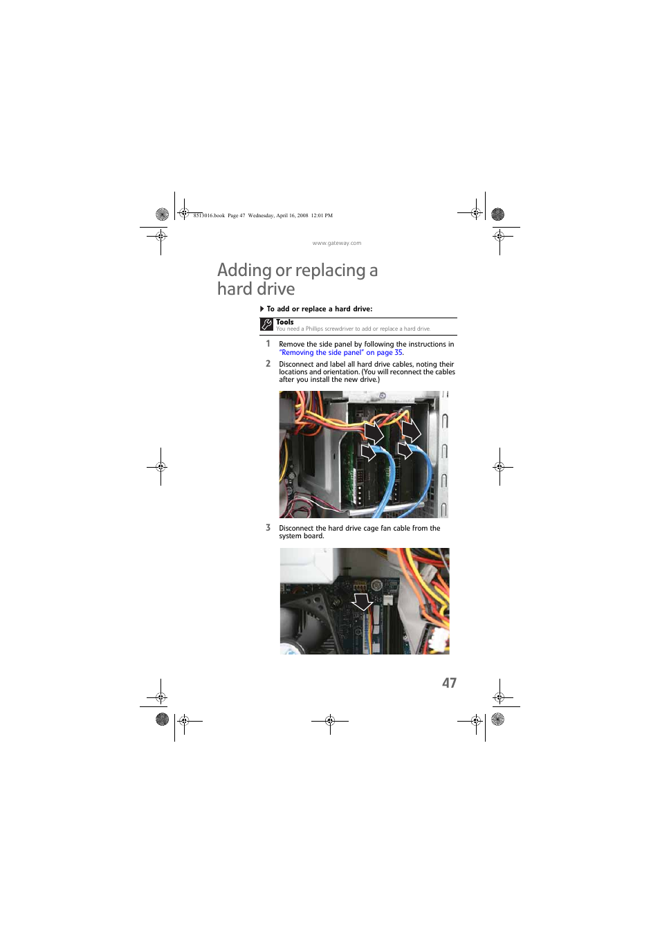 Adding or replacing a hard drive, To add or replace a hard drive | Gateway GM5684E User Manual | Page 53 / 128