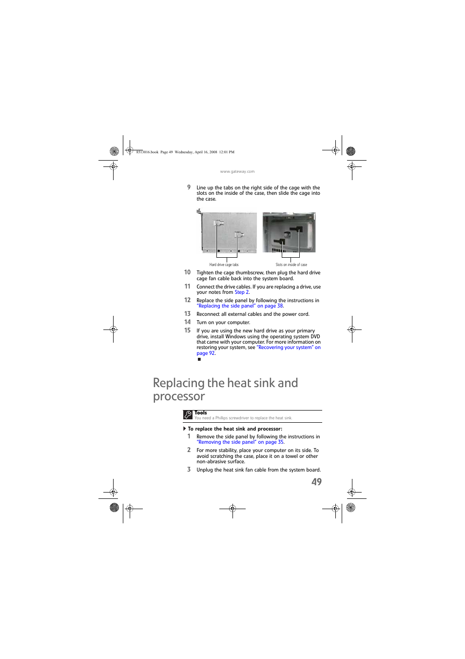 Replacing the heat sink and processor, To replace the heat sink and processor | Gateway GM5684E User Manual | Page 55 / 128