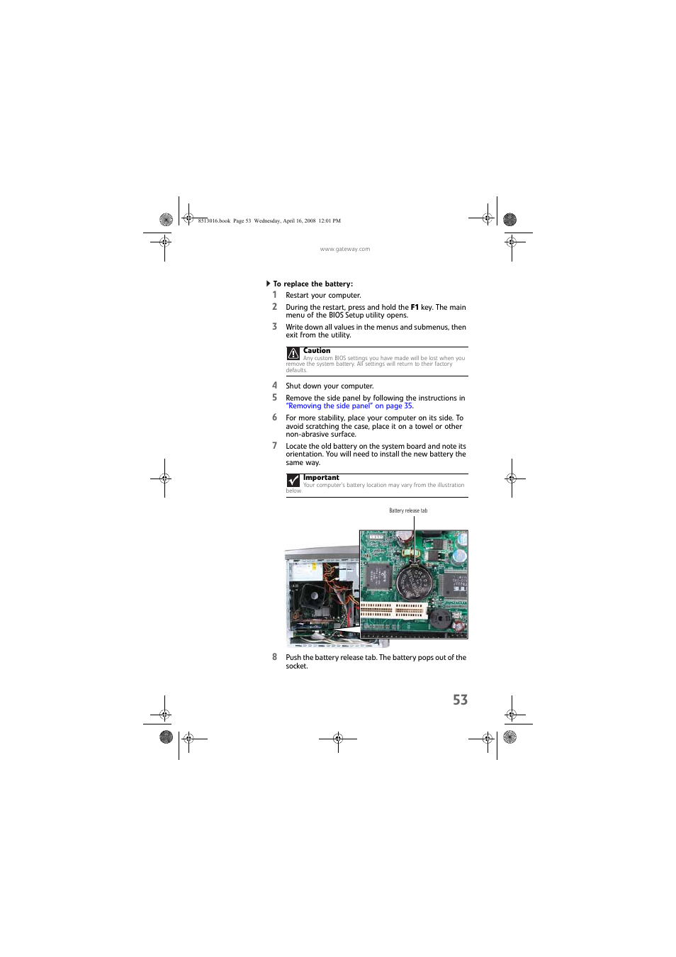To replace the battery | Gateway GM5684E User Manual | Page 59 / 128