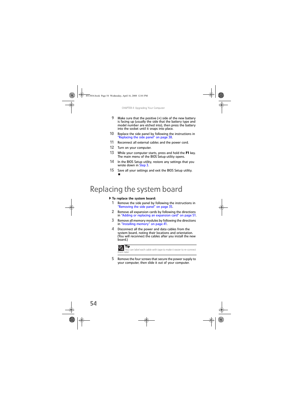 Replacing the system board, To replace the system board | Gateway GM5684E User Manual | Page 60 / 128