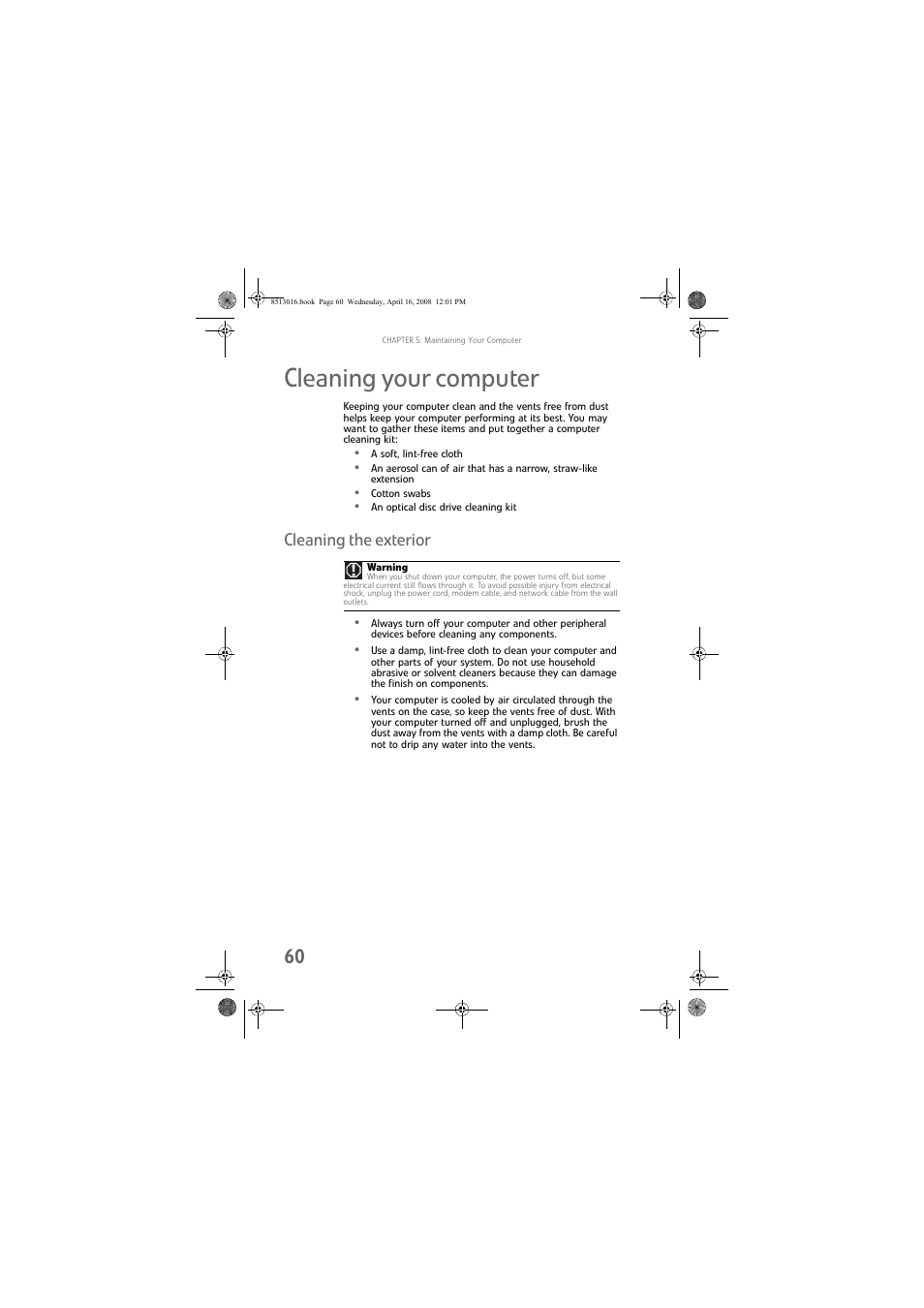 Cleaning your computer, Cleaning the exterior | Gateway GM5684E User Manual | Page 66 / 128