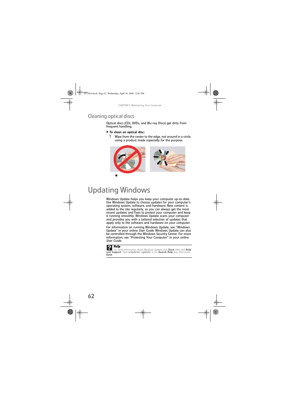 Cleaning optical discs, To clean an optical disc, Updating windows | Gateway GM5684E User Manual | Page 68 / 128