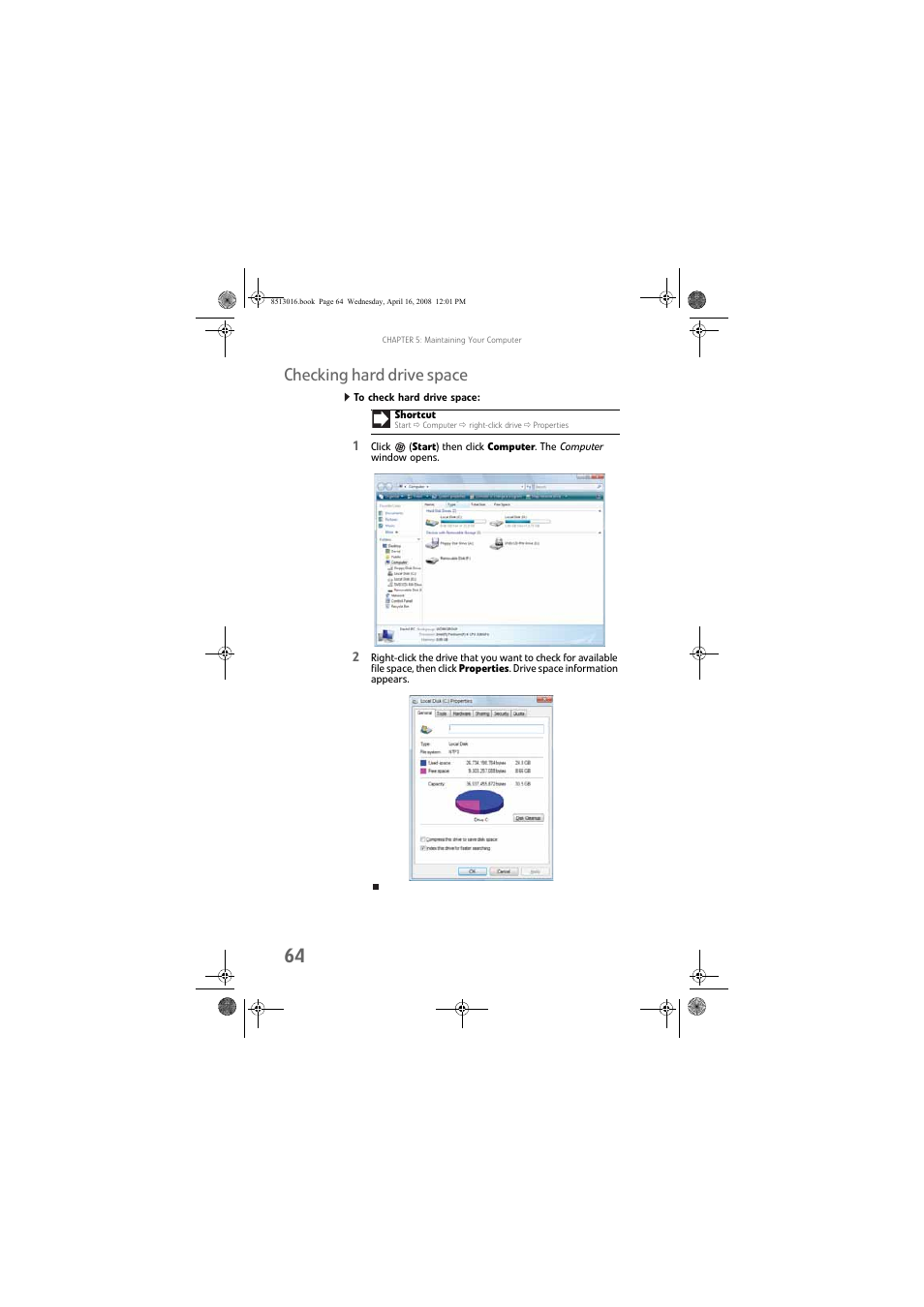 Checking hard drive space, To check hard drive space | Gateway GM5684E User Manual | Page 70 / 128