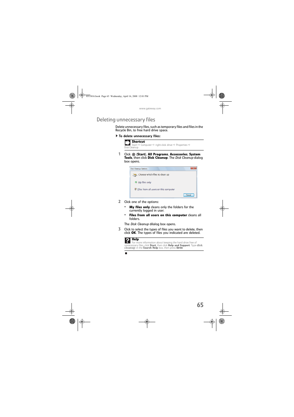 Deleting unnecessary files, To delete unnecessary files | Gateway GM5684E User Manual | Page 71 / 128