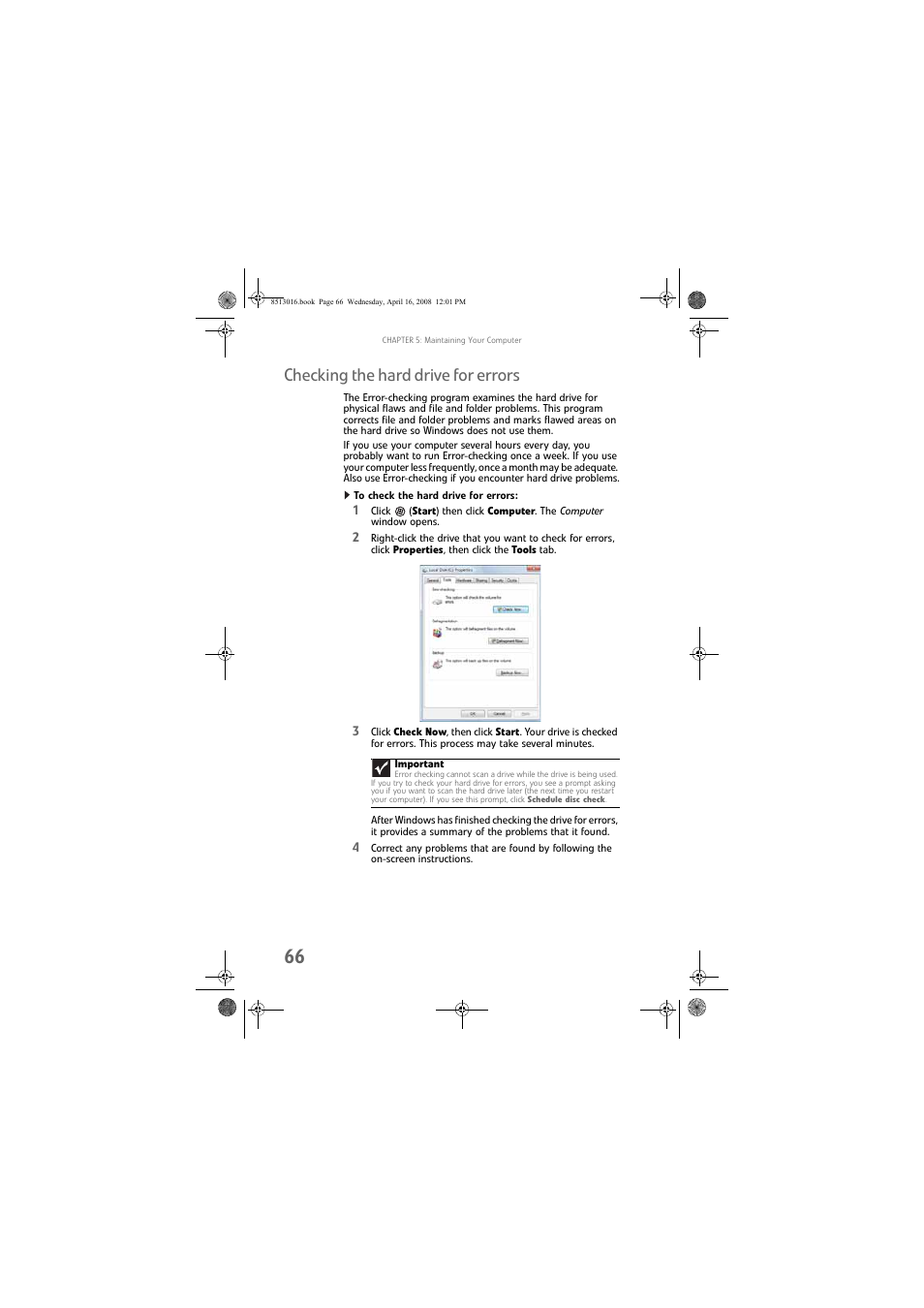 Checking the hard drive for errors, To check the hard drive for errors | Gateway GM5684E User Manual | Page 72 / 128