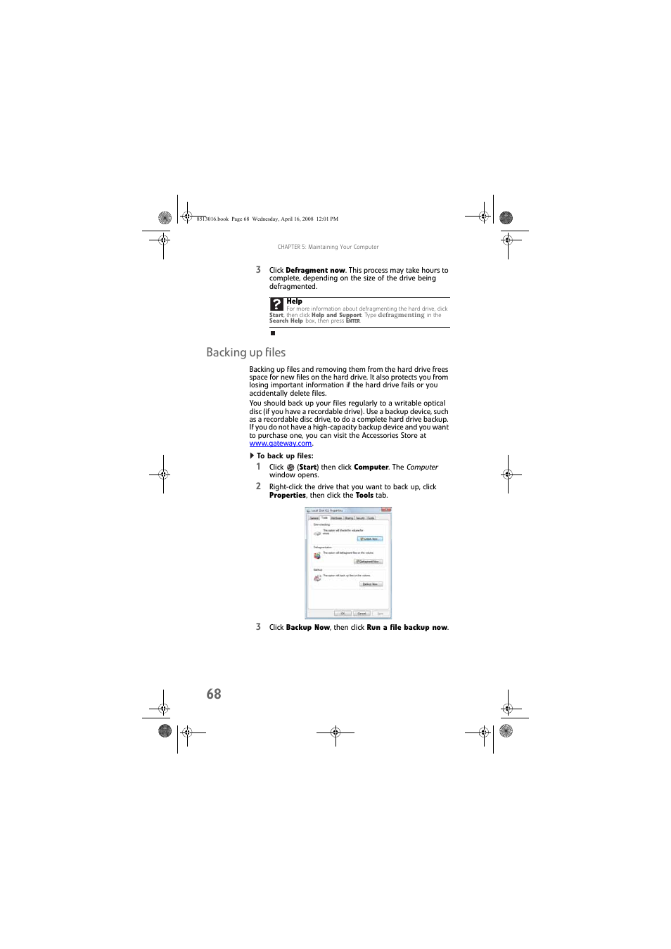 Backing up files, To back up files | Gateway GM5684E User Manual | Page 74 / 128