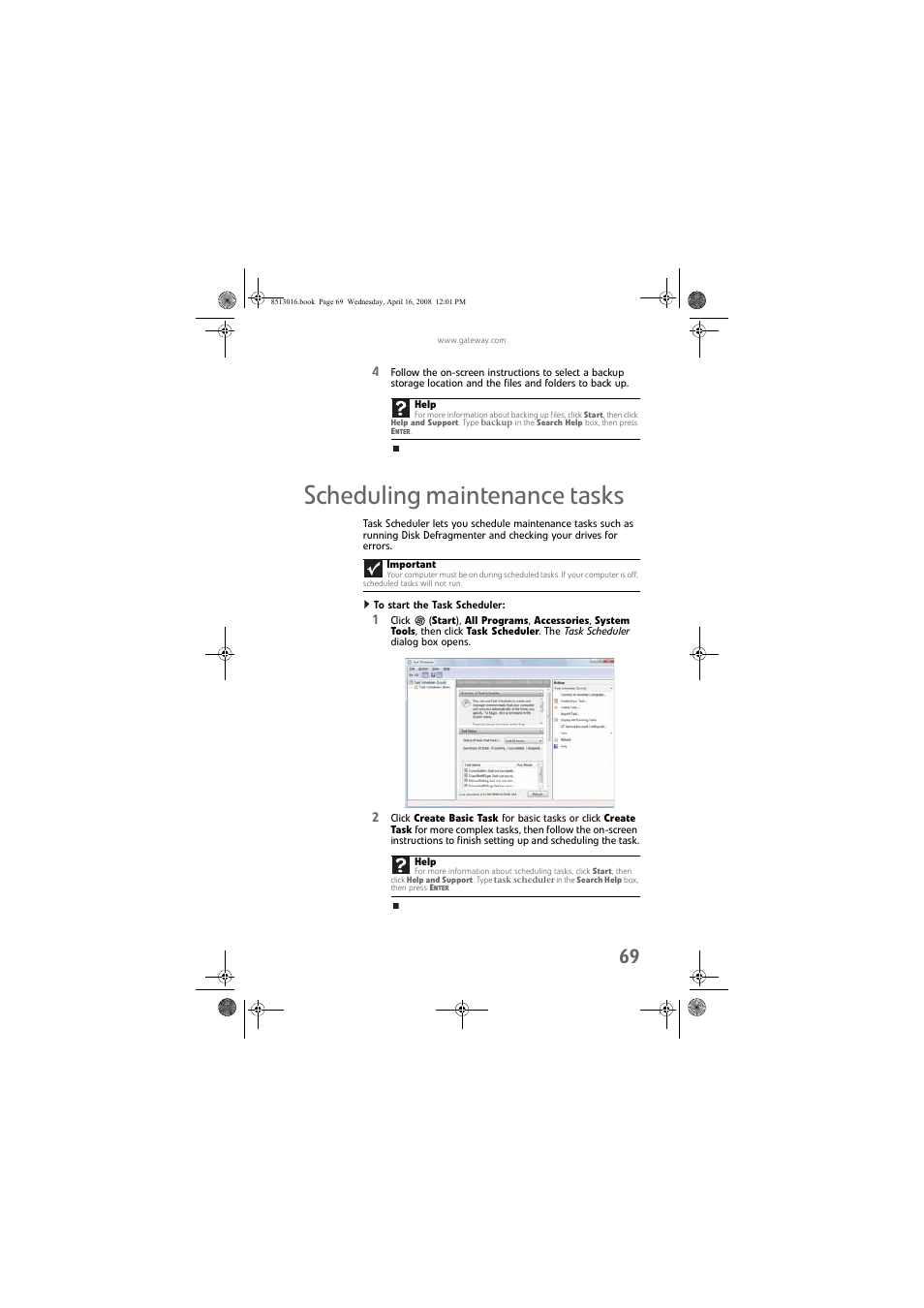 Scheduling maintenance tasks, To start the task scheduler | Gateway GM5684E User Manual | Page 75 / 128