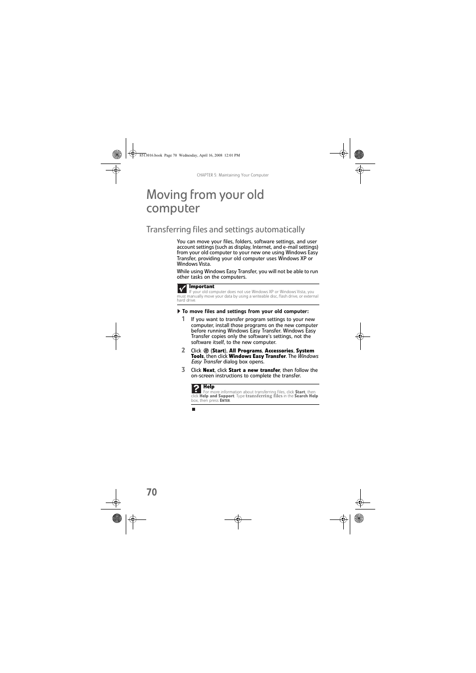Moving from your old computer, Transferring files and settings automatically, To move files and settings from your old computer | Gateway GM5684E User Manual | Page 76 / 128