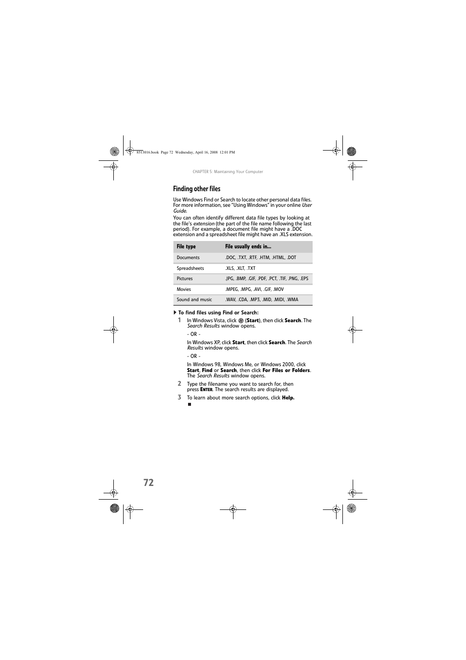 Finding other files, To find files using find or search | Gateway GM5684E User Manual | Page 78 / 128