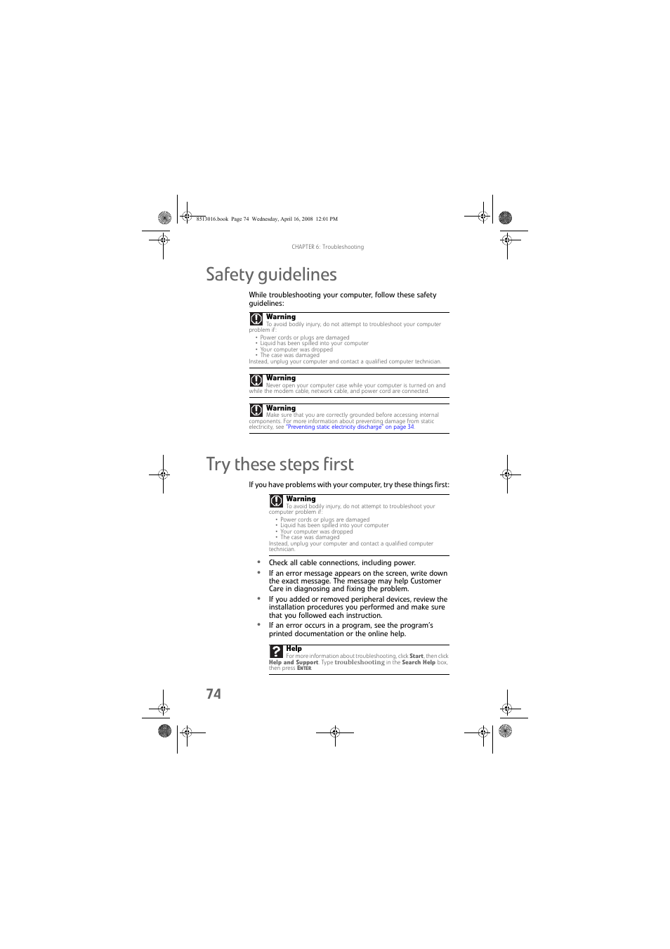 Safety guidelines, Try these steps first, Safety guidelines try these steps first | Gateway GM5684E User Manual | Page 80 / 128