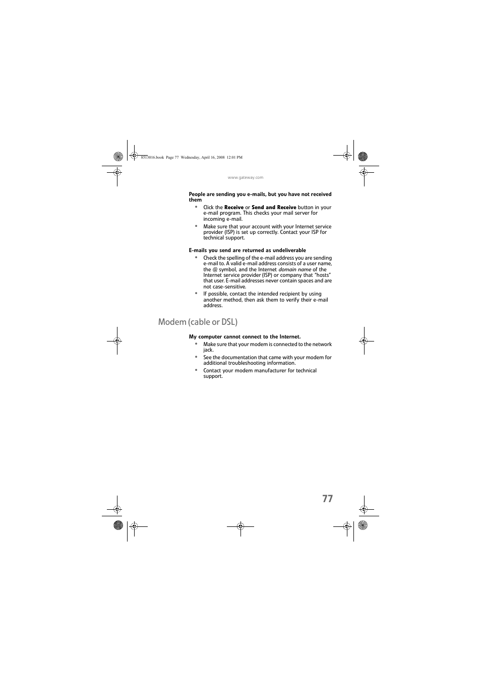 E-mails you send are returned as undeliverable, Modem (cable or dsl), My computer cannot connect to the internet | Hooting at, Modem | Gateway GM5684E User Manual | Page 83 / 128