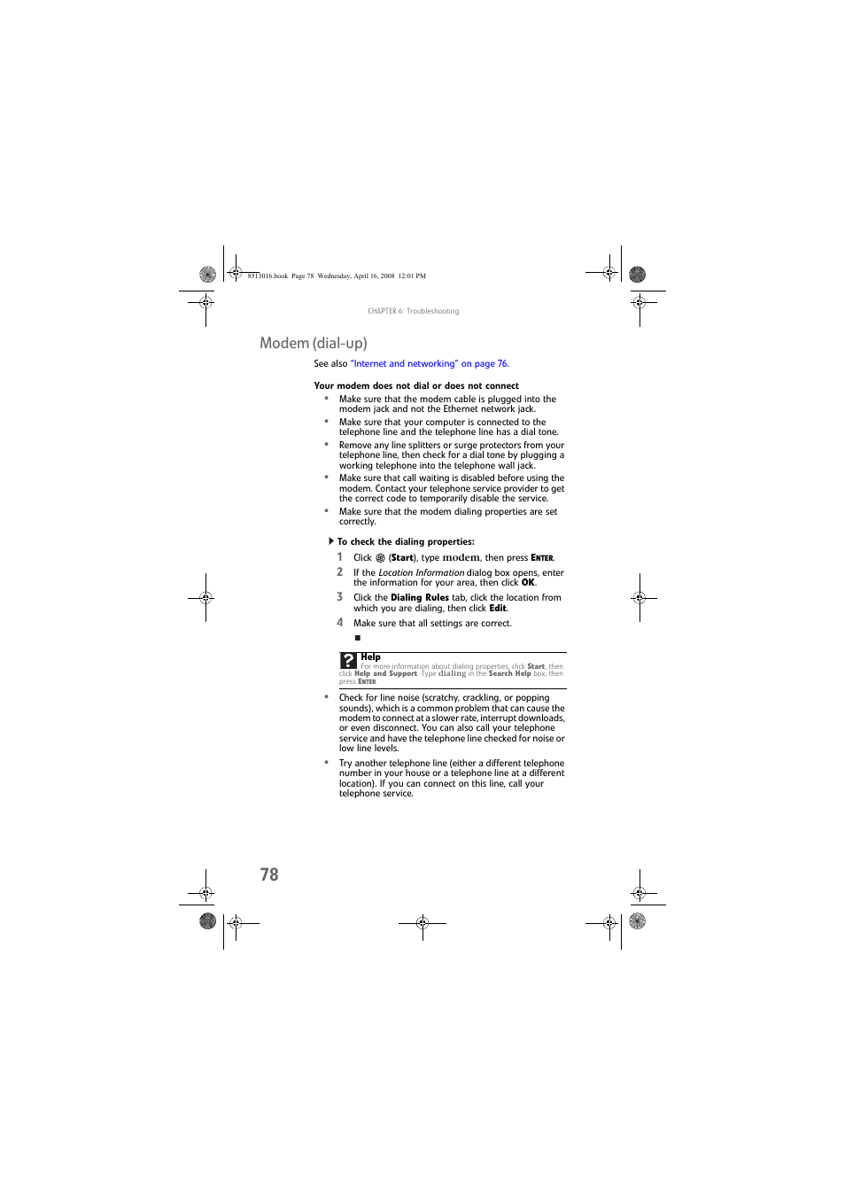 Modem (dial-up), Your modem does not dial or does not connect, To check the dialing properties | Gateway GM5684E User Manual | Page 84 / 128