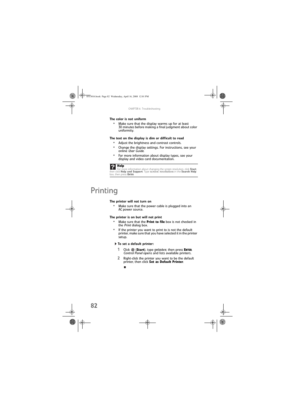 The color is not uniform, Printing, The printer will not turn on | The printer is on but will not print, To set a default printer | Gateway GM5684E User Manual | Page 88 / 128