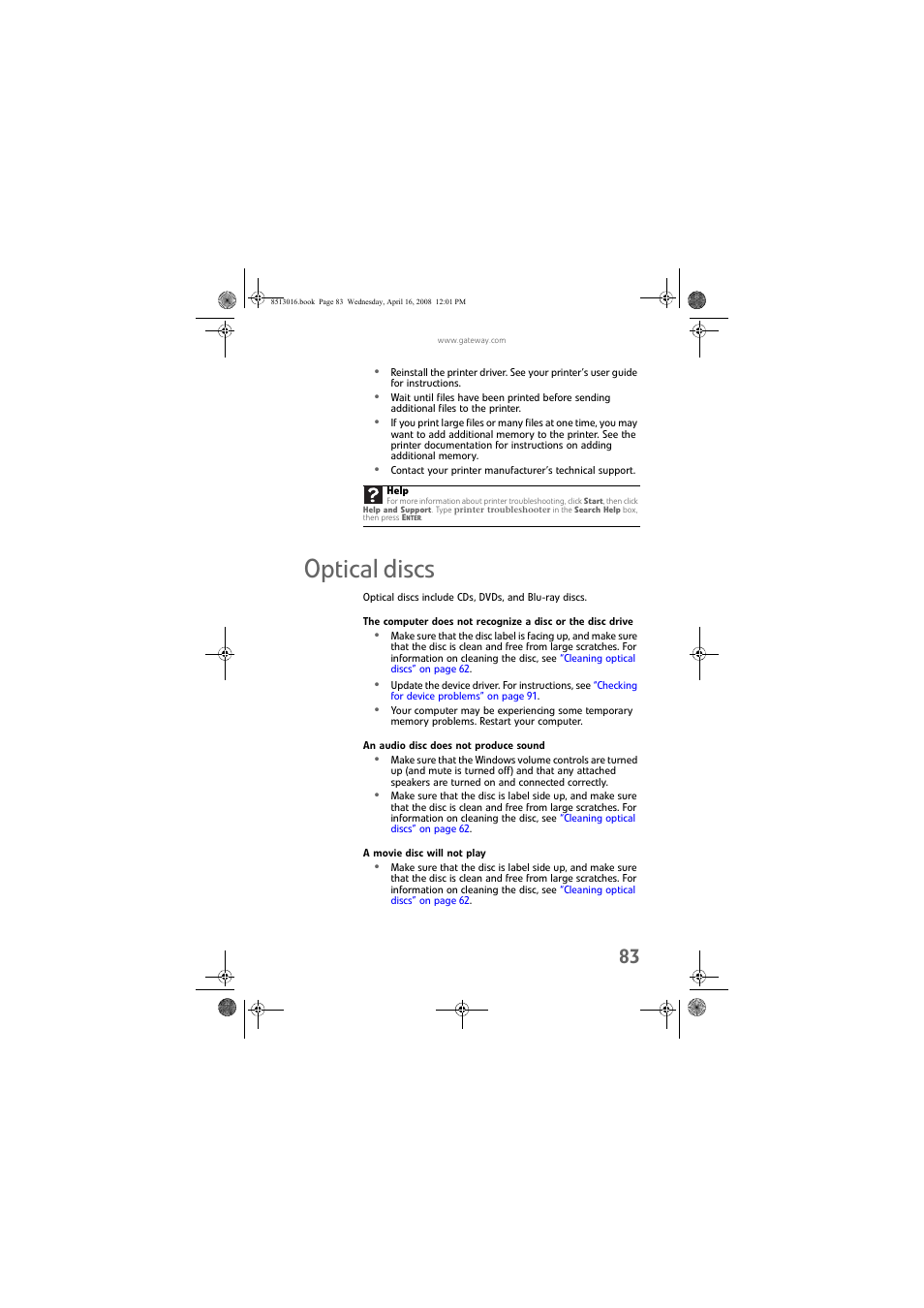 Optical discs, An audio disc does not produce sound, A movie disc will not play | Gateway GM5684E User Manual | Page 89 / 128
