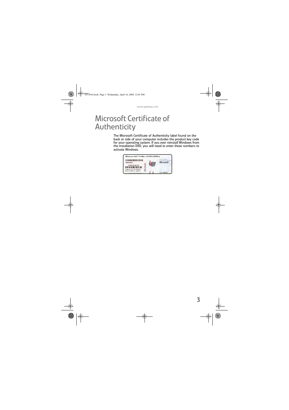 Microsoft certificate of authenticity | Gateway GM5684E User Manual | Page 9 / 128