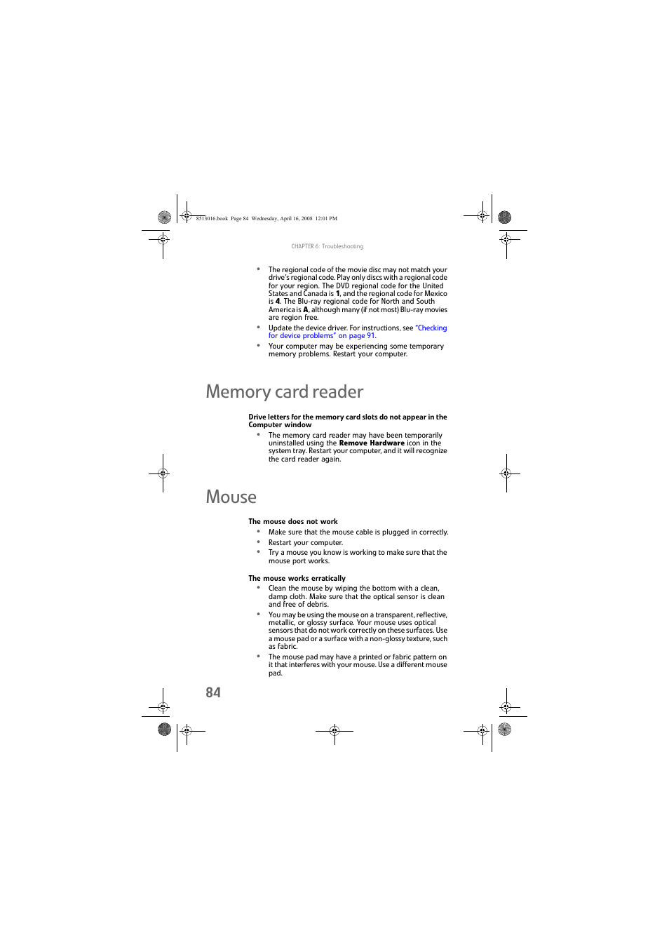 Memory card reader, Mouse, The mouse does not work | The mouse works erratically, Memory card reader mouse | Gateway GM5684E User Manual | Page 90 / 128