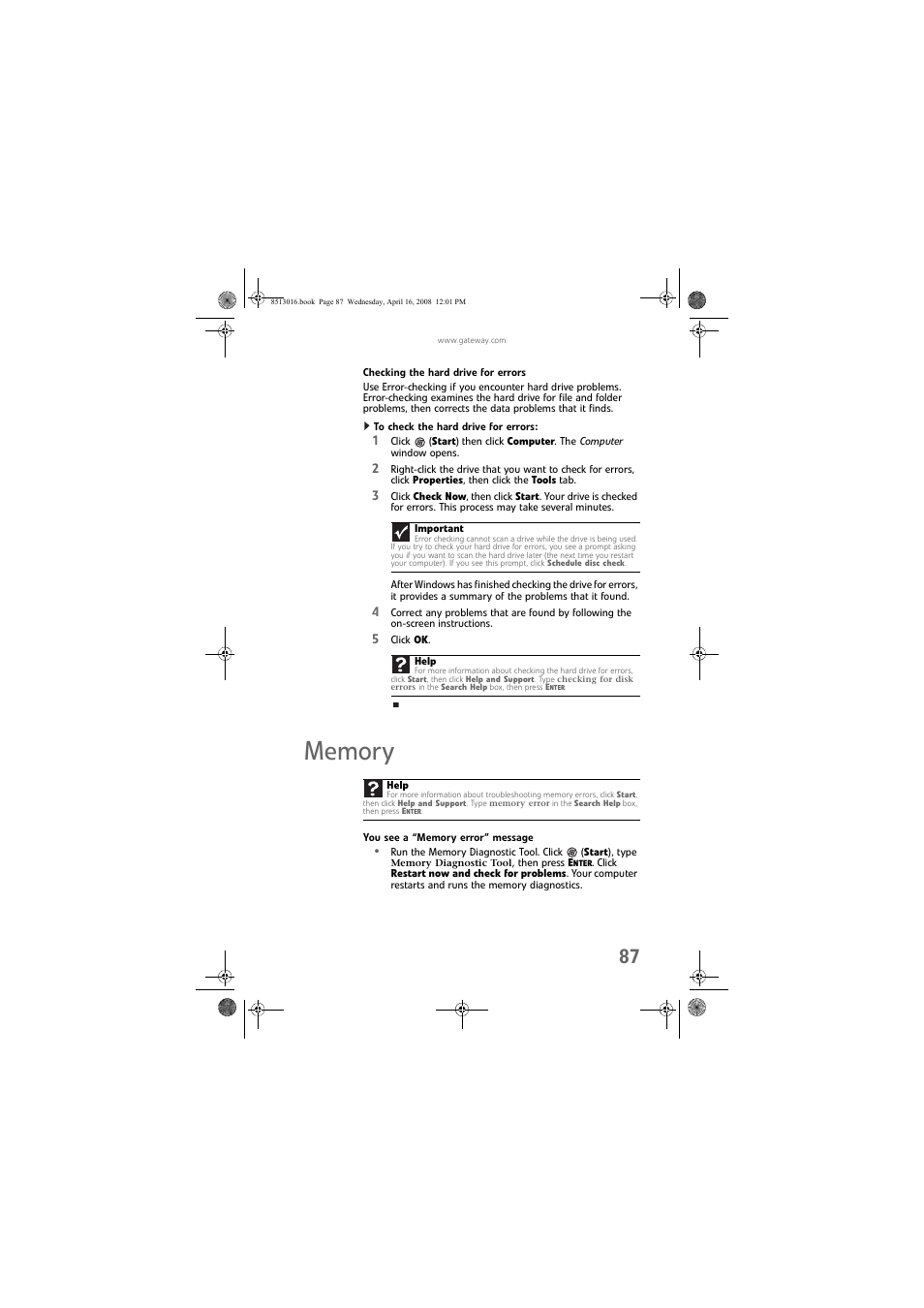 Checking the hard drive for errors, To check the hard drive for errors, Memory | You see a “memory error” message | Gateway GM5684E User Manual | Page 93 / 128