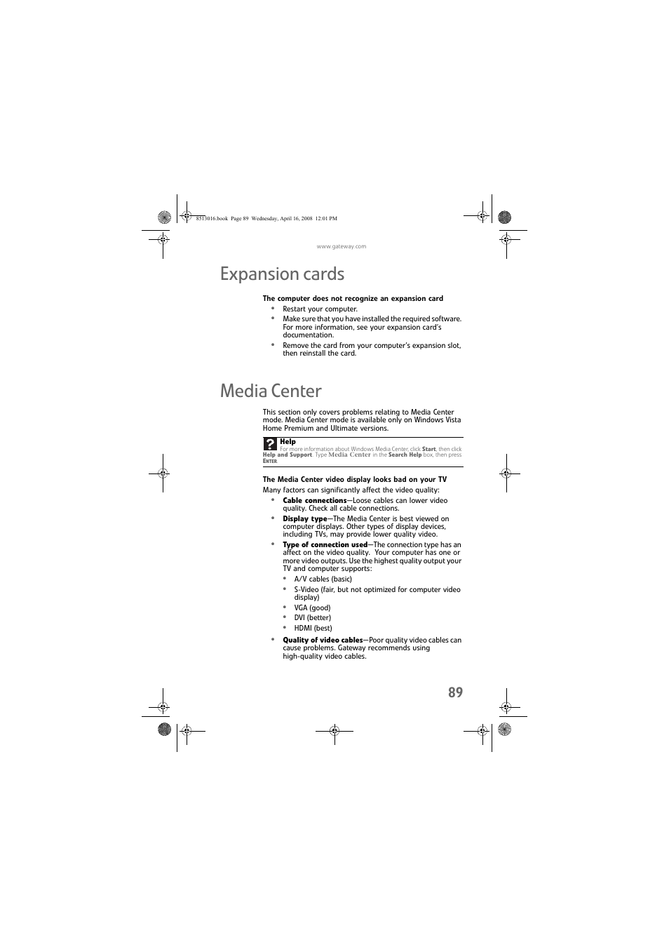 Expansion cards, The computer does not recognize an expansion card, Media center | Expansion cards media center | Gateway GM5684E User Manual | Page 95 / 128