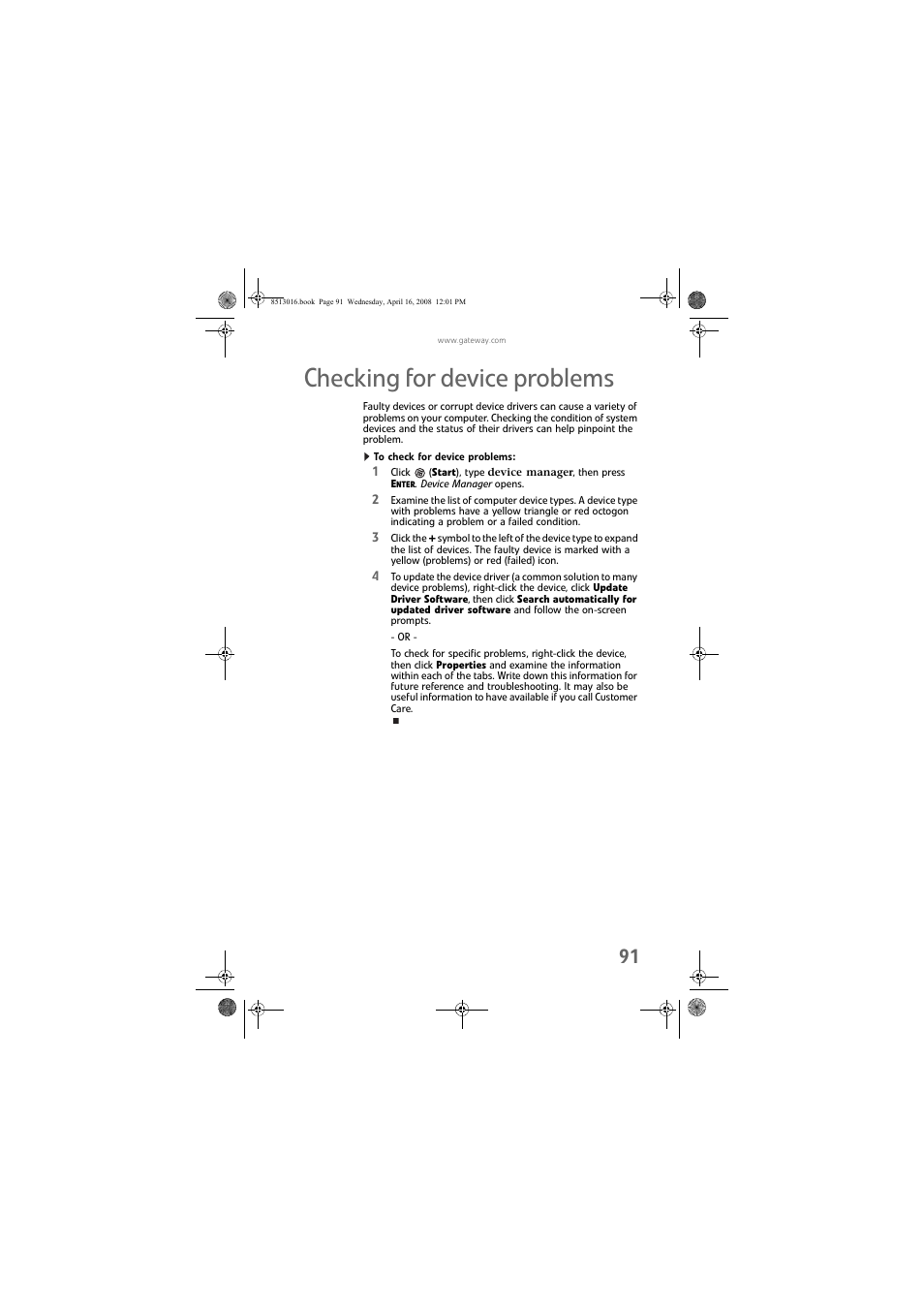 Checking for device problems, To check for device problems, Checking | Gateway GM5684E User Manual | Page 97 / 128