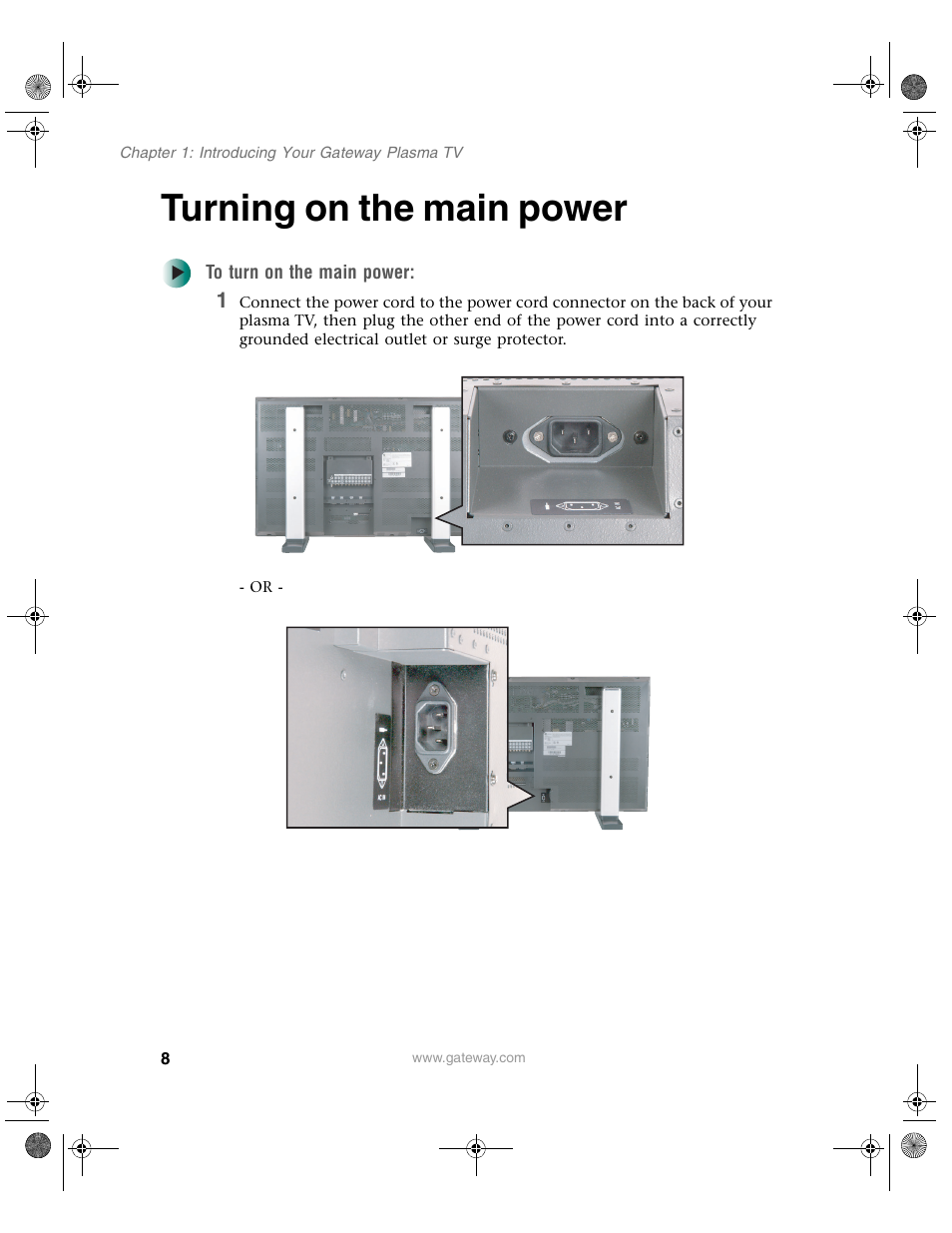 Turning on the main power | Gateway GTW-P42M102 User Manual | Page 12 / 68