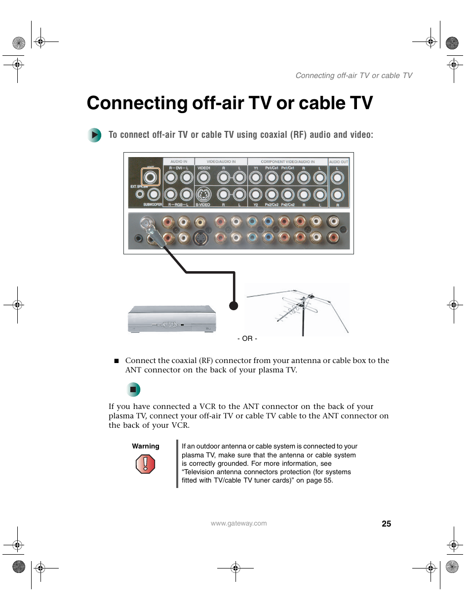 Connecting off-air tv or cable tv | Gateway GTW-P42M102 User Manual | Page 29 / 68