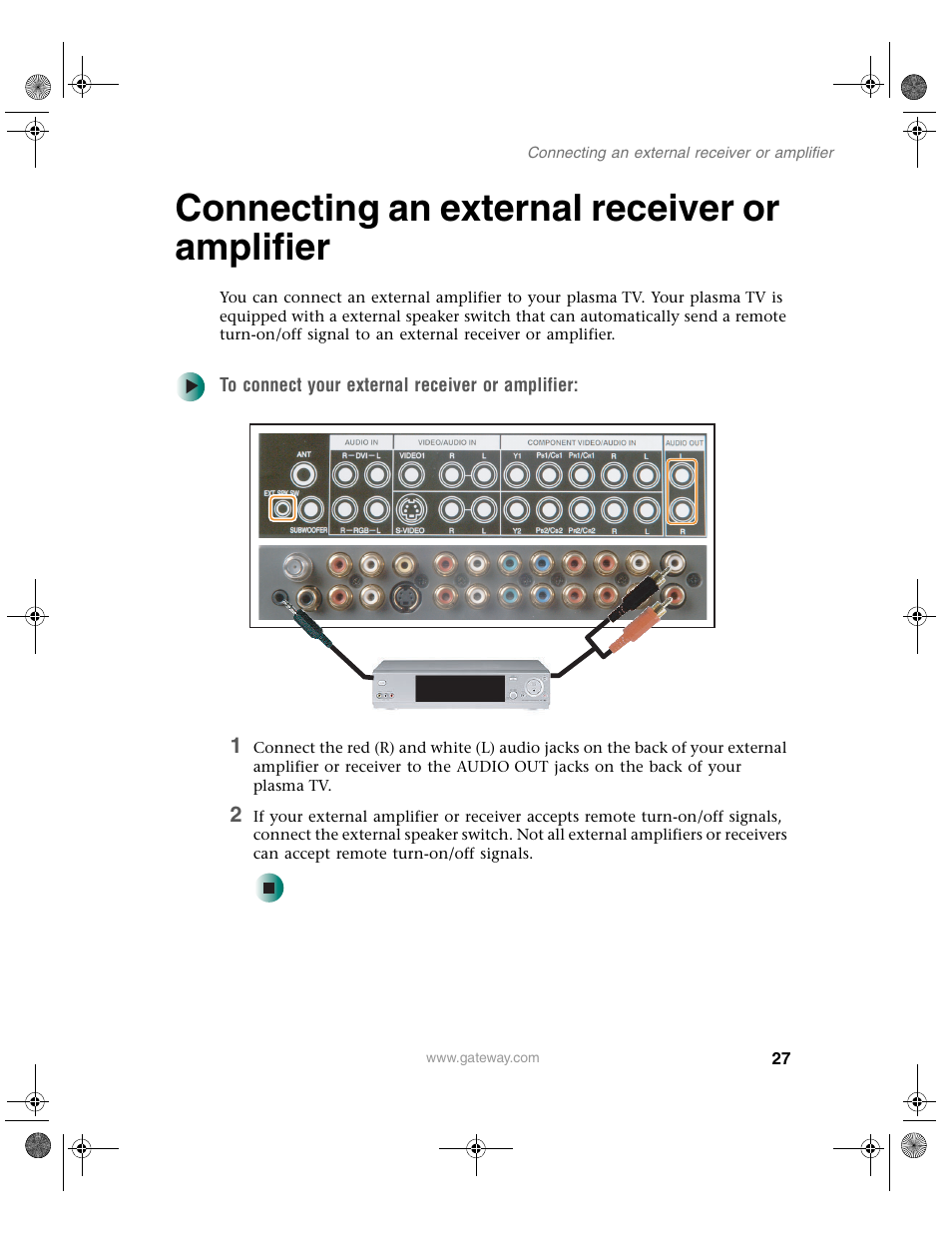 Connecting an external receiver or amplifier | Gateway GTW-P42M102 User Manual | Page 31 / 68