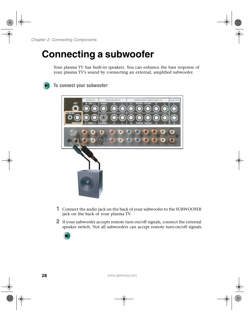 Connecting a subwoofer | Gateway GTW-P42M102 User Manual | Page 32 / 68