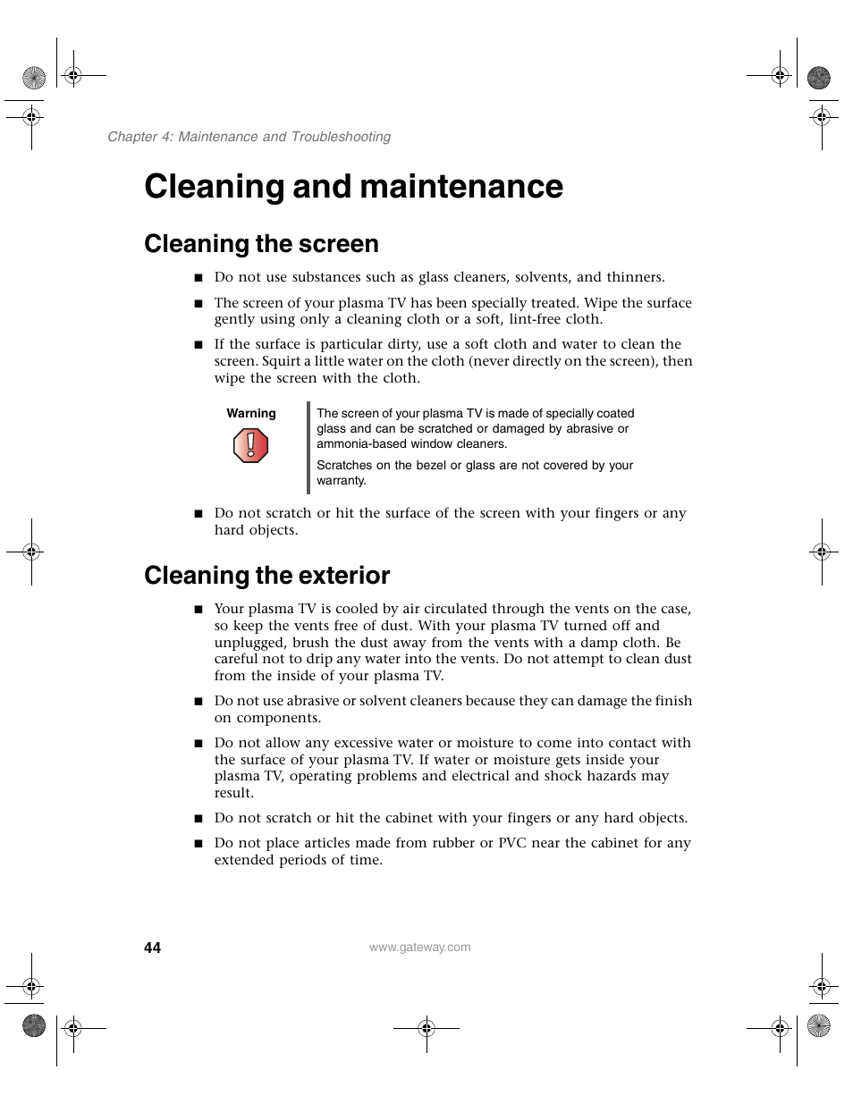 Cleaning and maintenance, Cleaning the screen, Cleaning the exterior | Cleaning the screen cleaning the exterior | Gateway GTW-P42M102 User Manual | Page 48 / 68