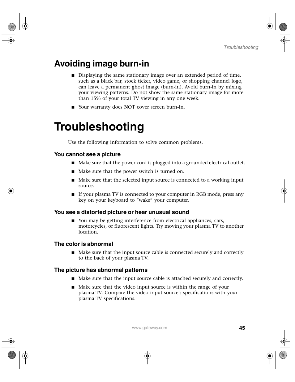 Avoiding image burn-in, Troubleshooting | Gateway GTW-P42M102 User Manual | Page 49 / 68