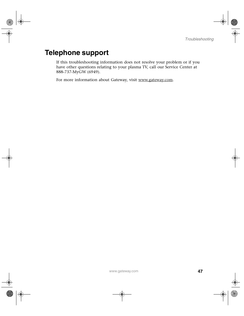 Telephone support | Gateway GTW-P42M102 User Manual | Page 51 / 68