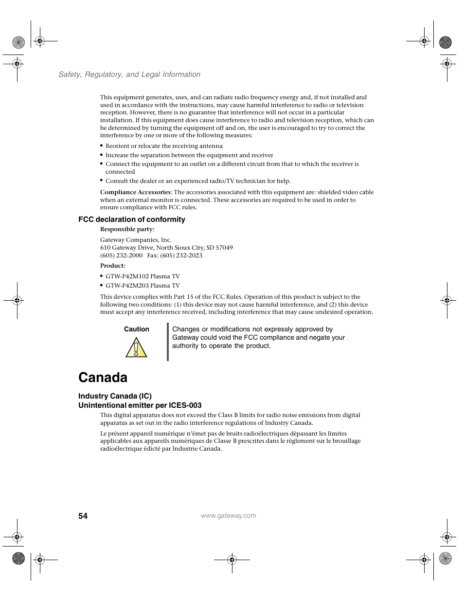 Canada | Gateway GTW-P42M102 User Manual | Page 58 / 68