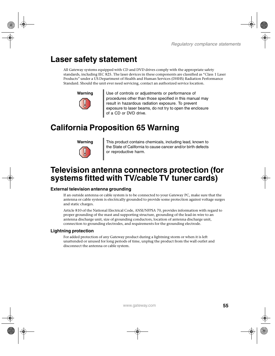 Laser safety statement | Gateway GTW-P42M102 User Manual | Page 59 / 68