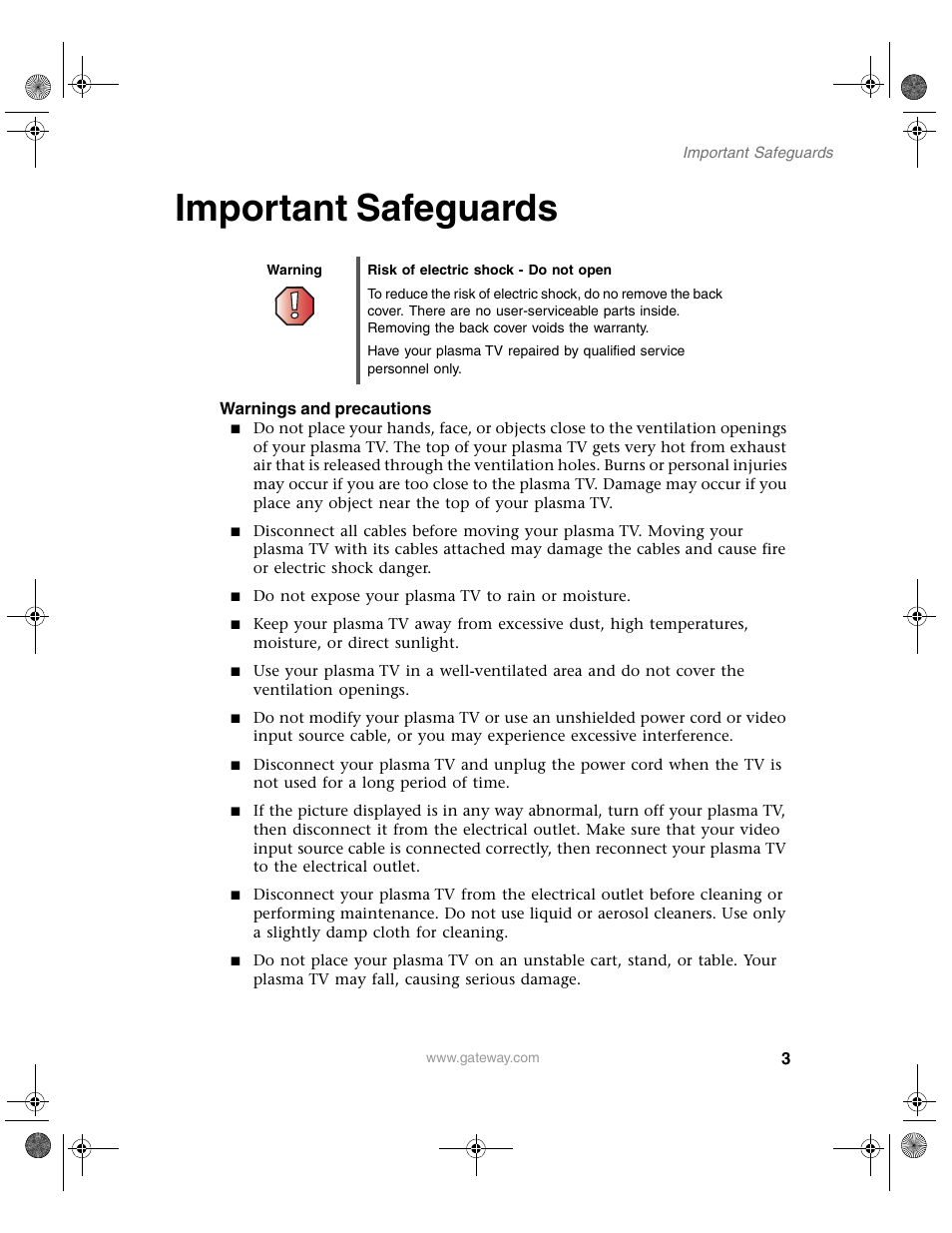 Important safeguards | Gateway GTW-P42M102 User Manual | Page 7 / 68