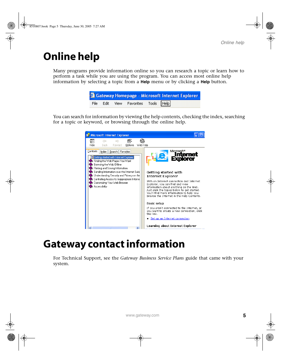 Online help, Gateway contact information, Online help gateway contact information | Gateway E-2500D User Manual | Page 10 / 110