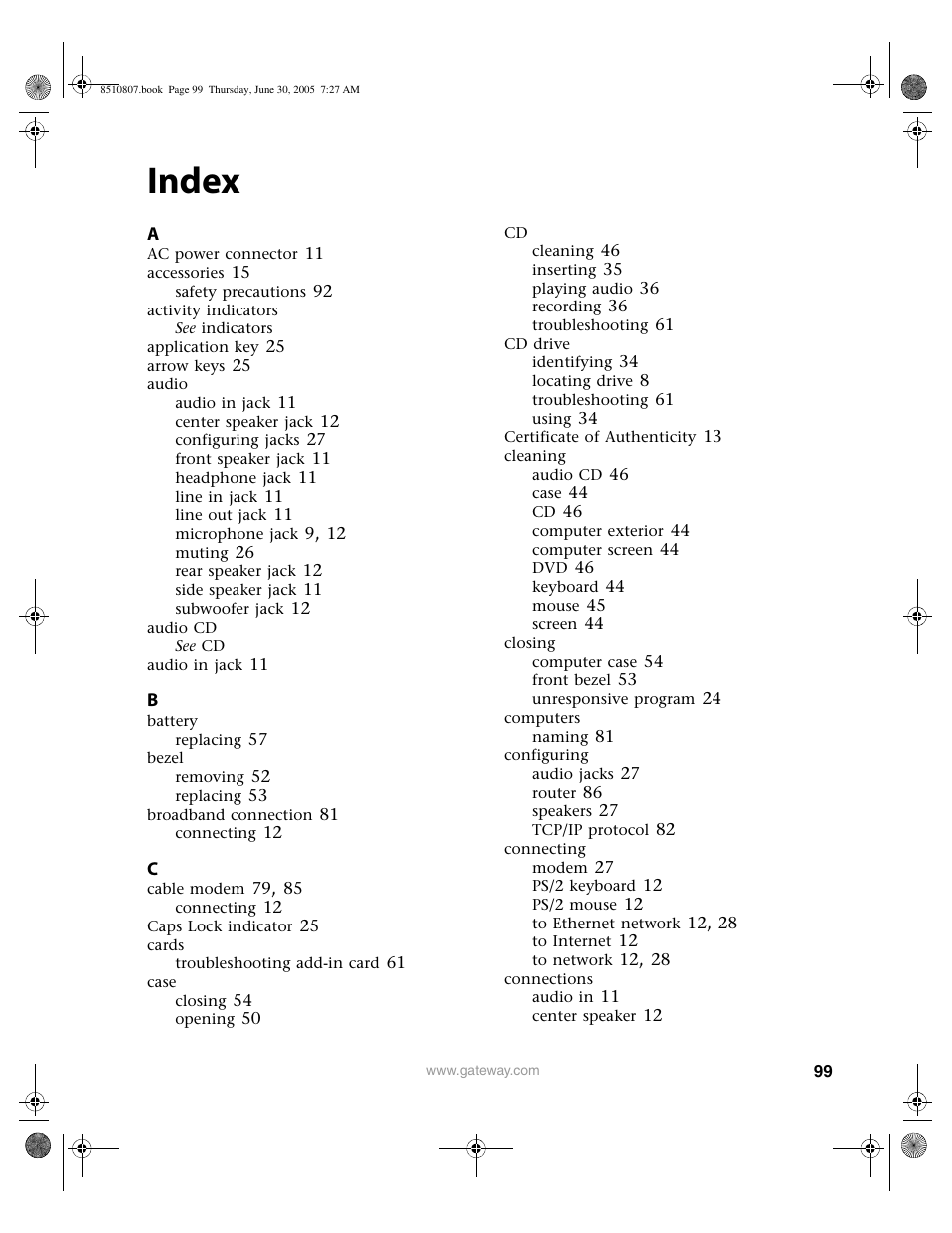 Index | Gateway E-2500D User Manual | Page 104 / 110