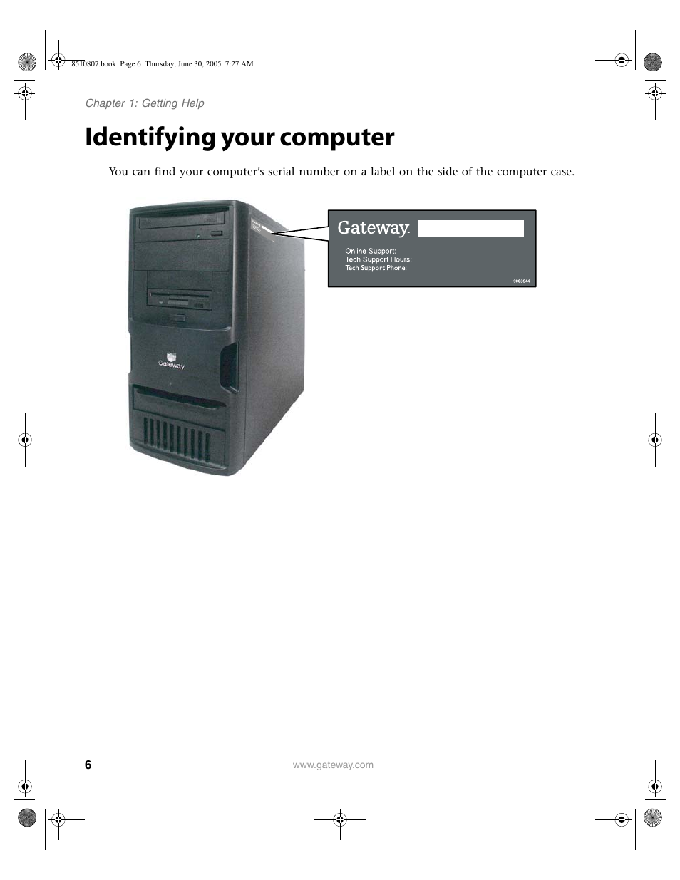 Identifying your computer | Gateway E-2500D User Manual | Page 11 / 110