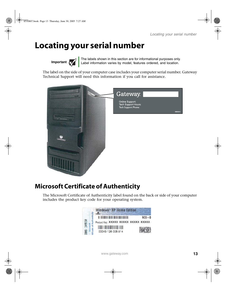 Locating your serial number, Microsoft certificate of authenticity | Gateway E-2500D User Manual | Page 18 / 110