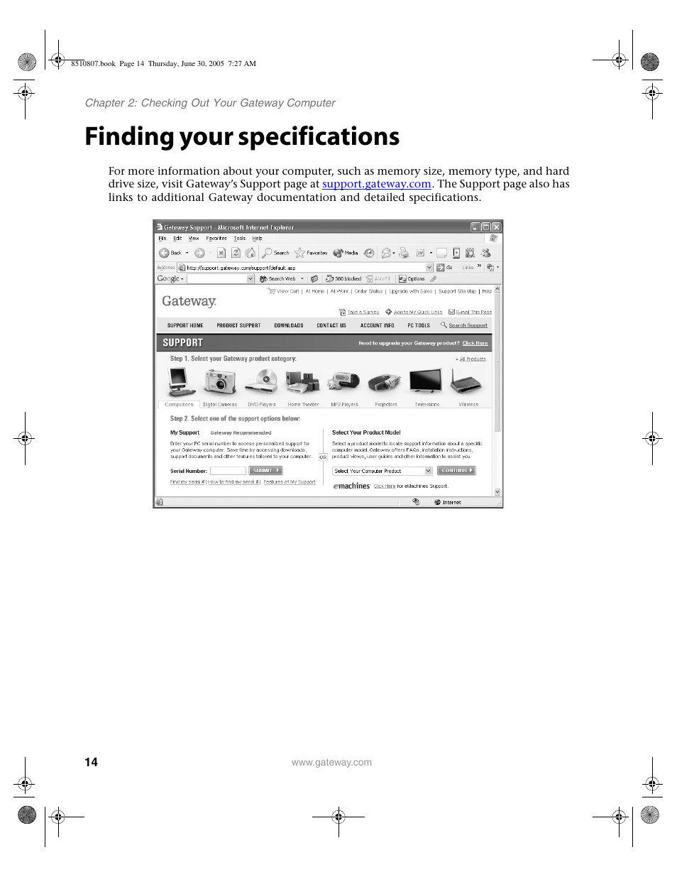 Finding your specifications | Gateway E-2500D User Manual | Page 19 / 110