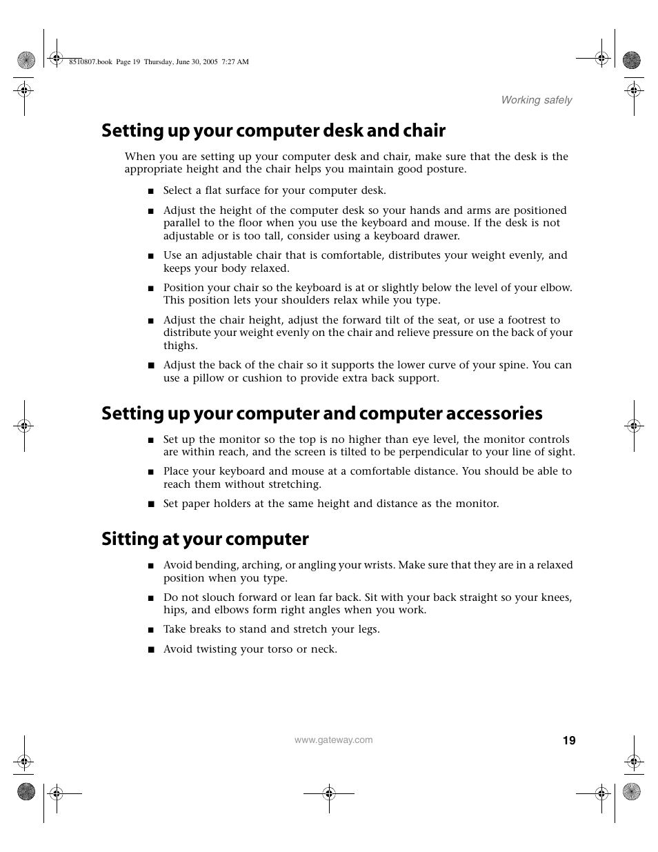 Setting up your computer desk and chair, Setting up your computer and computer accessories, Sitting at your computer | Gateway E-2500D User Manual | Page 24 / 110